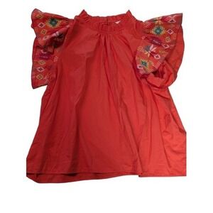 Crown & Ivy XXL Red Embroidered Flutter Sleeve Top Ruffle Neck Boho Aztec Cotton